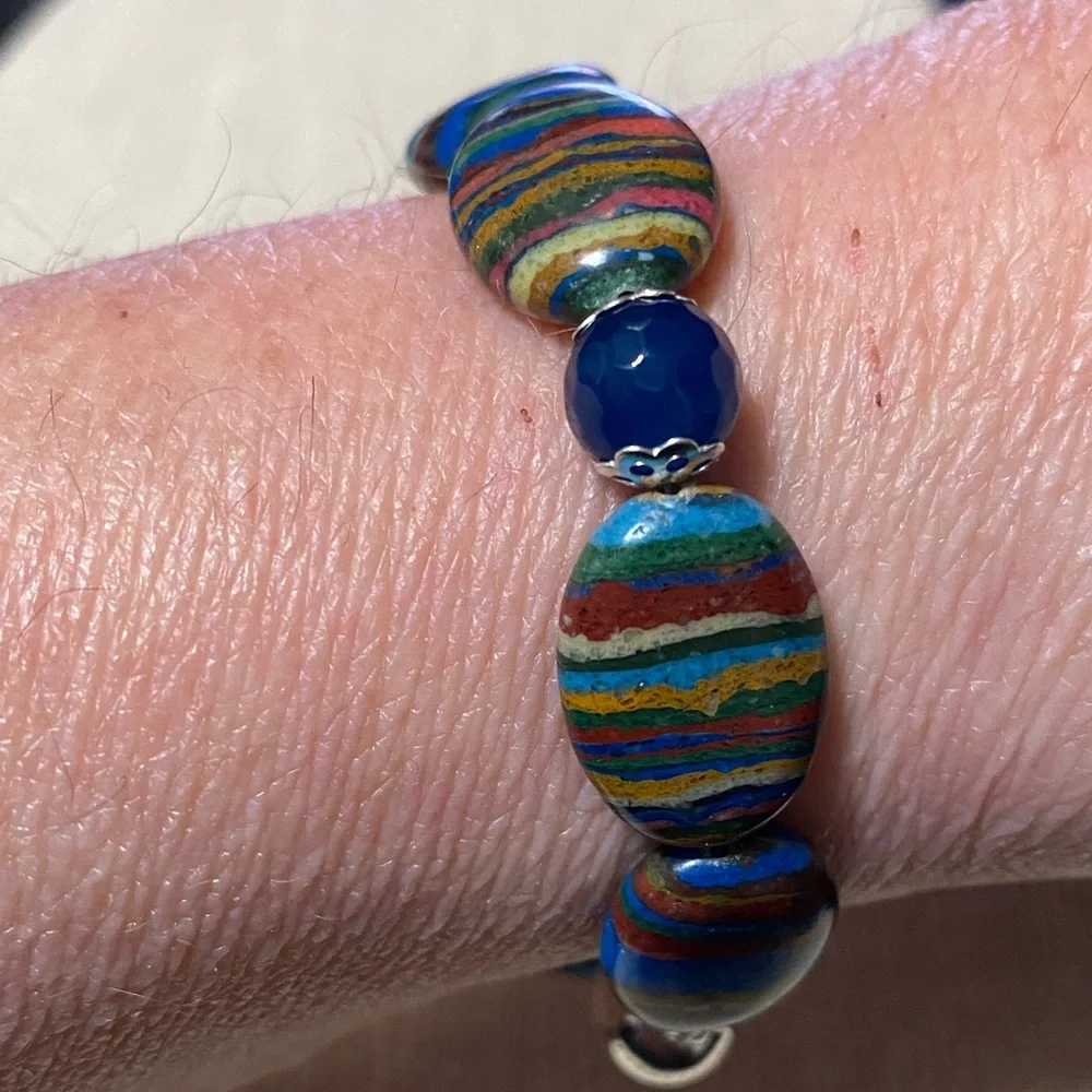 Natural genuine Rainbow Calsillica gemstone artisan Beaded 7.5” Bracelet